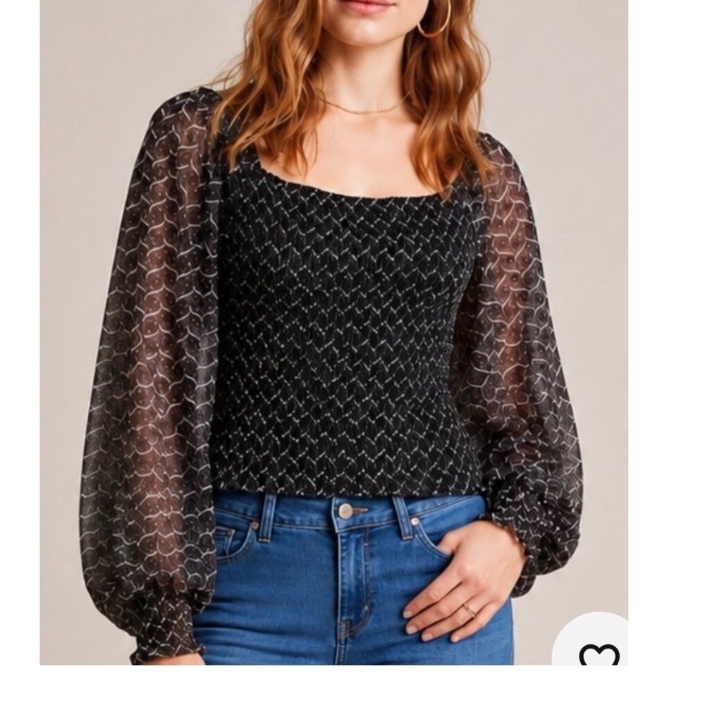 Anthropologie Black White Smocked Square Neck Balloon Sleeve Top Medium